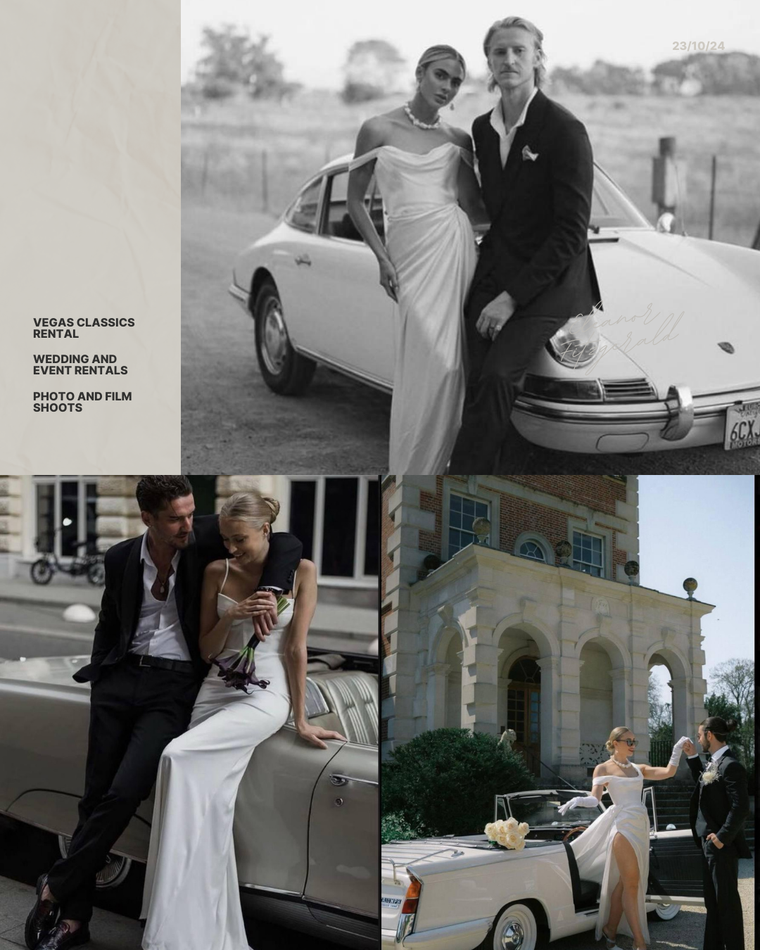 Bride and groom with classic car